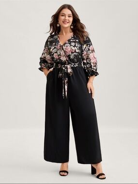BloomChic Black Floral Wrap Jumpsuit with Pink & Cream Blooms
